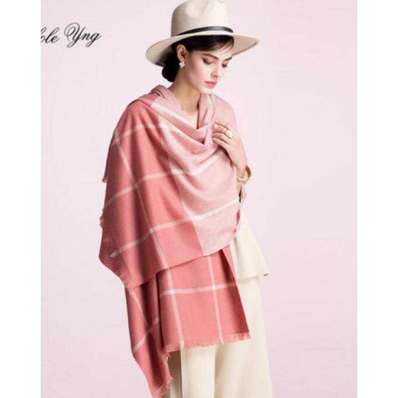 Pure Cashmere Scarf Women Pink Big Plaid Fashional Winter Warm Scarf